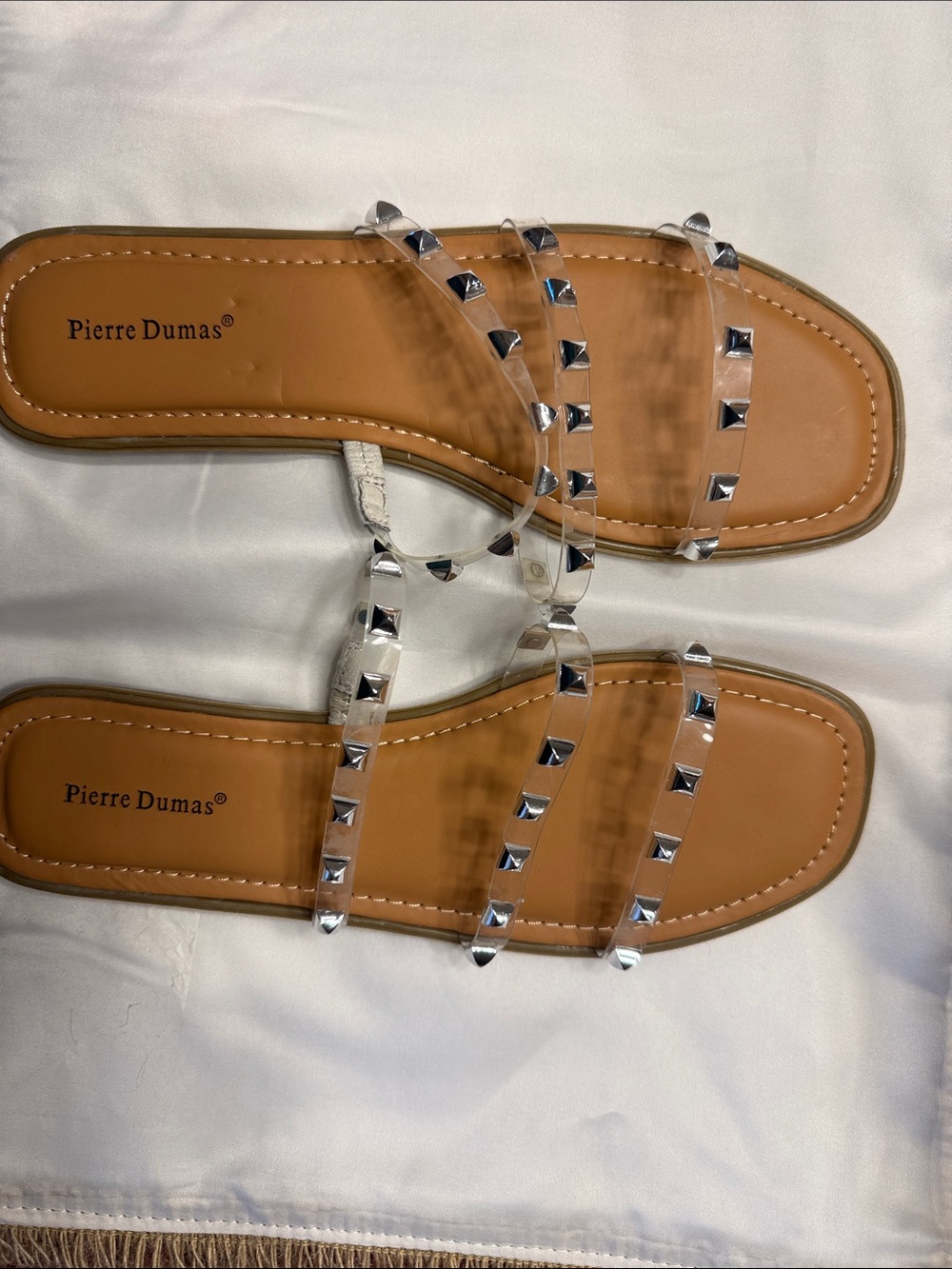 Pierre Dumas Clear Studded Slide Sandals with Tan Footbed